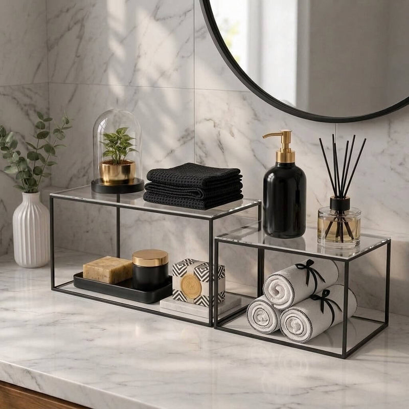 Two rectangular acrylic and black metal bathroom shelves displaying toiletries and towels - thumbnail number 9