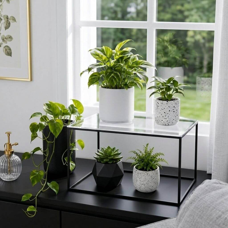 Clear acrylic and black metal display stand holding potted houseplants on a table - thumbnail number 10