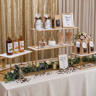 White rectangular acrylic display stands with gold frames on a coffee bar table - thumbnail number 6