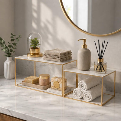 White rectangular acrylic display stands with gold frames holding bathroom essentials - thumbnail number 7
