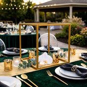 Gold square geometric metal frame centerpiece with candles and flowers on a wedding table - thumbnail number 3