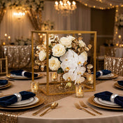 Gold square geometric frame centerpiece with white and gold flowers on a wedding table - thumbnail number 5