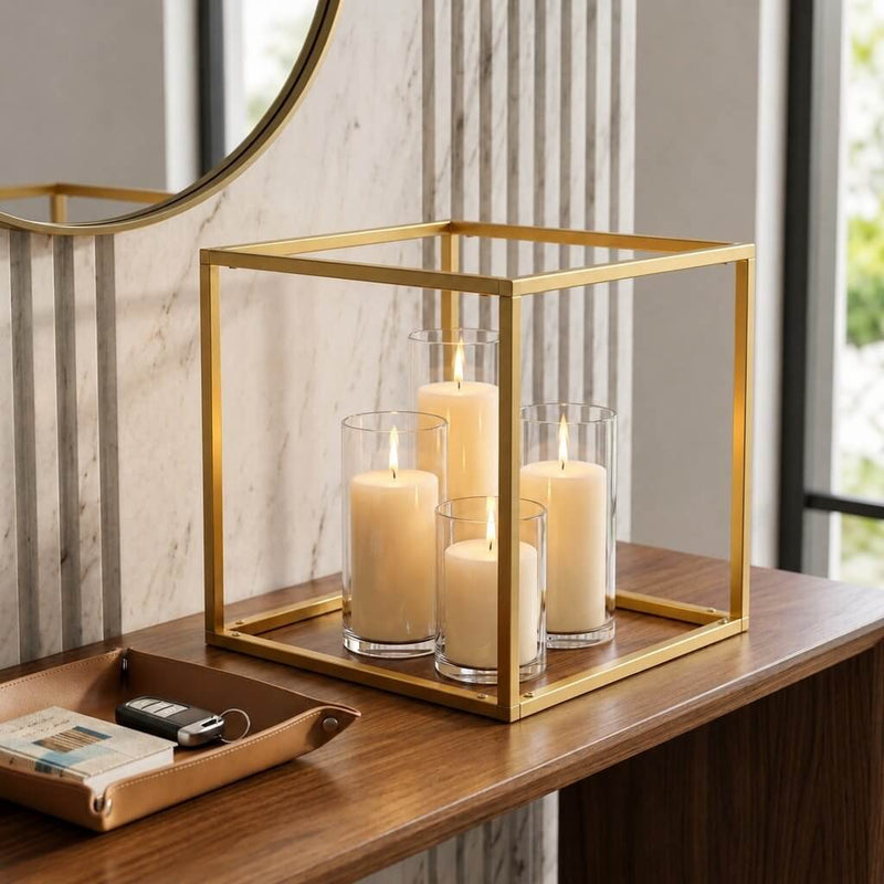 Gold square geometric metal frame displaying four pillar candles in glass holders - thumbnail number 9
