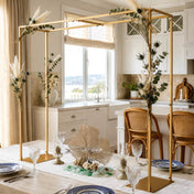 Gold metal over-the-table arch stand with pampas grass and coastal decor - thumbnail number 8