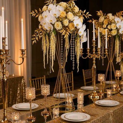 27-inch gold dual cone stand with elegant floral arrangement and crystal accents for event decor - thumbnail number 3