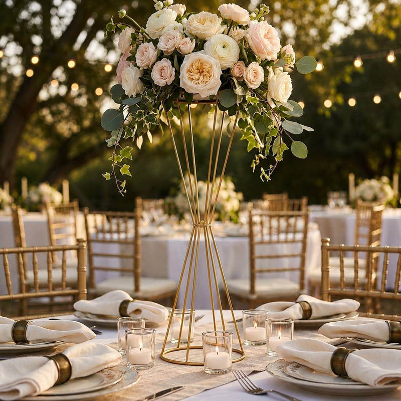 27 inch reversible dual cone gold metal flower stand with lush wedding centerpiece - thumbnail number 4