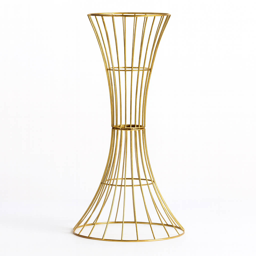 36" Tall Gold Metal Wire Trumpet Flower Centerpiece Stand – Reversible Hourglass Pedestal Prop