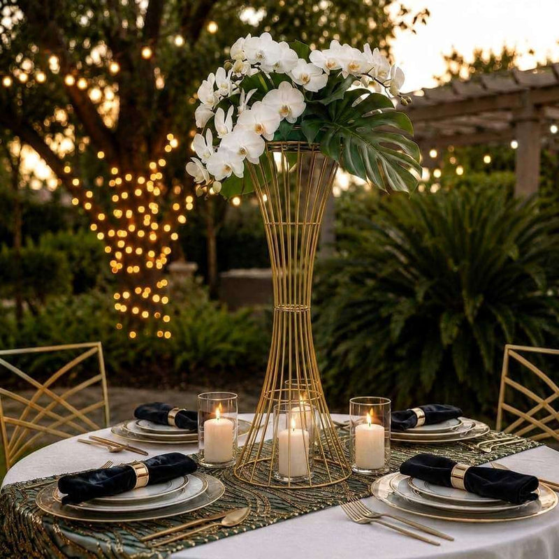 48" Tall Gold Metal Wire Trumpet Flower Centerpiece Stand – Reversible Hourglass Pedestal Prop - thumbnail number 5