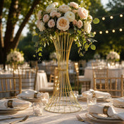 36-inch gold wire trumpet centerpiece stand with a lush floral arrangement on a dining table - thumbnail number 4