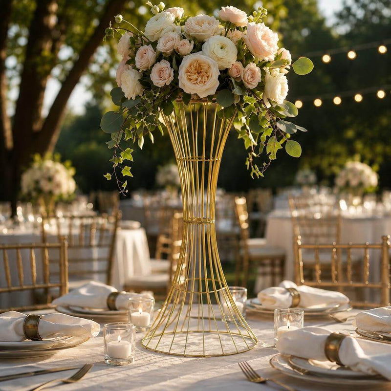 48" Tall Gold Metal Wire Trumpet Flower Centerpiece Stand – Reversible Hourglass Pedestal Prop - thumbnail number 2
