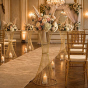 48" Tall Gold Metal Wire Trumpet Flower Centerpiece Stand – Reversible Hourglass Pedestal Prop - thumbnail number 3