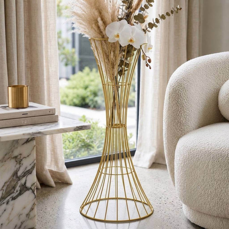 48" Tall Gold Metal Wire Trumpet Flower Centerpiece Stand – Reversible Hourglass Pedestal Prop - thumbnail number 8