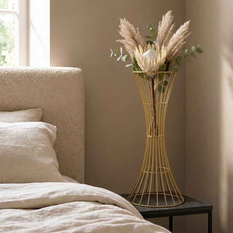 36-inch gold metal wire trumpet centerpiece stand holding dried flowers and pampas grass - thumbnail number 7