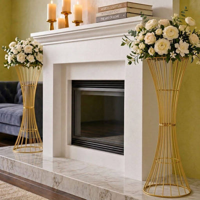 48" Tall Gold Metal Wire Trumpet Flower Centerpiece Stand – Reversible Hourglass Pedestal Prop - thumbnail number 9