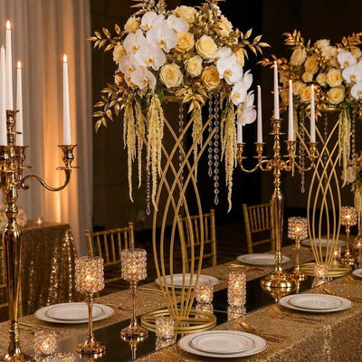 Gold metal mermaid tail flower stand holding a wedding floral centerpiece - thumbnail number 3