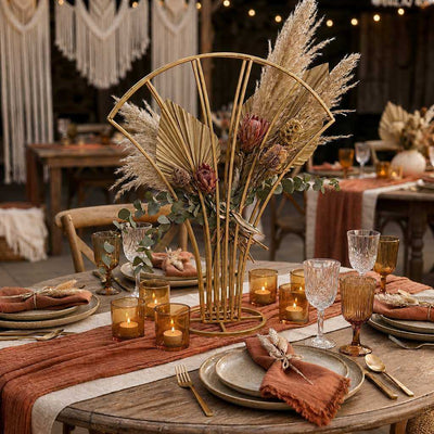 Scalloped Fan Shape Gold Metal Flower Frame 32" – Table Centerpiece Wedding Floral Display Stand - thumbnail number 3