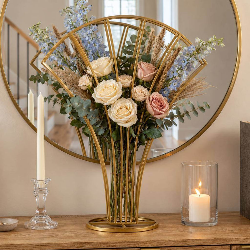 Scalloped Fan Shape Gold Metal Flower Frame 32" – Table Centerpiece Wedding Floral Display Stand - thumbnail number 6
