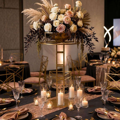 Grand halo top gold metal floral riser centerpiece with candles - thumbnail number 5