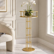 Gold metal floral riser with an open frame centerpiece pedestal holding orchids - thumbnail number 6