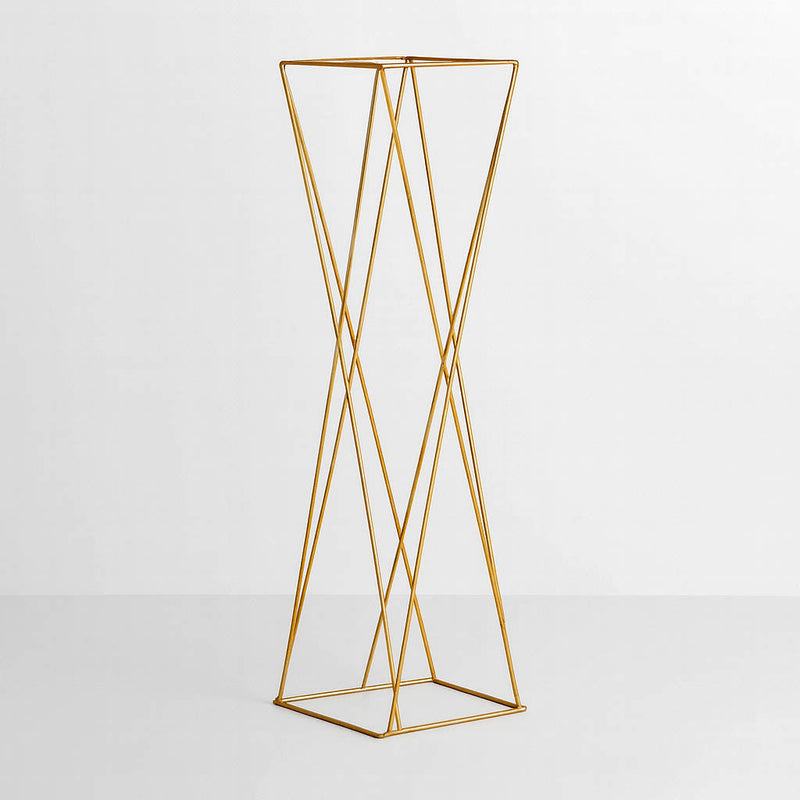 Set of 2 Gold Metal Pedestal Stands – 32" Open Column Wedding Centerpieces with Geometric Crisscross Design - thumbnail number 1