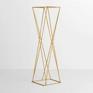 Set of 2 Gold Metal Pedestal Stands – 32" Open Column Wedding Centerpieces with Geometric Crisscross Design