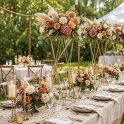 Tall gold geometric stands with floral centerpieces for outdoor wedding - thumbnail number 5