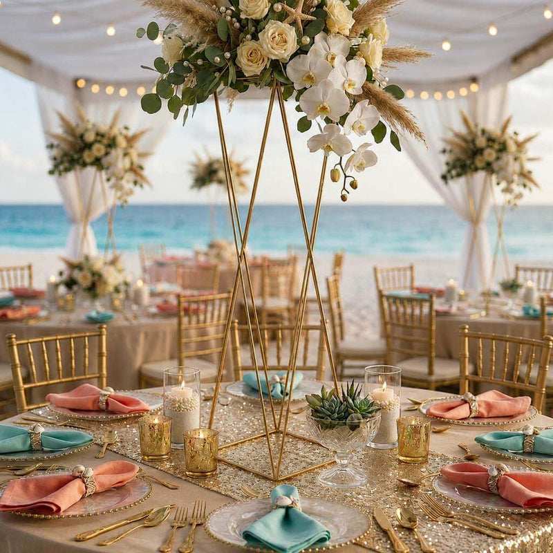 Gold geometric stands with beach wedding floral centerpieces - thumbnail number 6