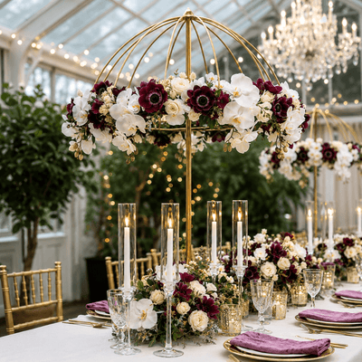 Gold metal umbrella flower stand centerpiece with white and deep red flowers and candles - thumbnail number 2
