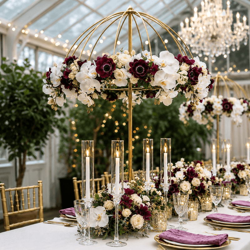 Gold metal umbrella flower stand centerpiece with white and deep red flowers and candles - thumbnail number 2