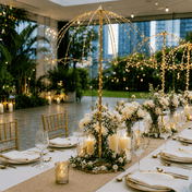 Gold metal umbrella flower stand centerpiece wrapped in fairy lights with white floral arrangements - thumbnail number 4