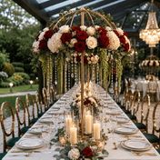 Gold metal umbrella flower stand centerpiece with red and white roses, hanging crystals, and candles - thumbnail number 5