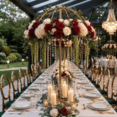 Gold metal umbrella flower stand centerpiece with red and white roses, hanging crystals, and candles - thumbnail number 5