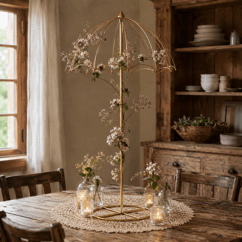 Elegant 42 inch gold metal umbrella flower stand with floral arrangement and candles - thumbnail number 8
