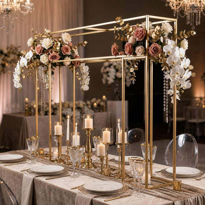 Tall gold metal over-table arch with pink and white floral arrangement - thumbnail number 6