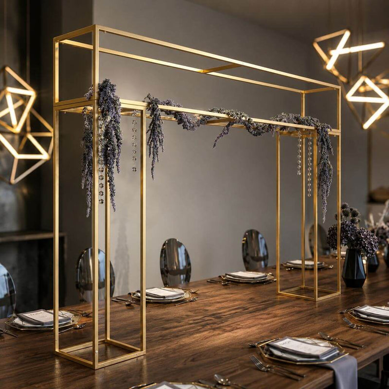 Gold metal over-table frame decorated with hanging purple florals - thumbnail number 7