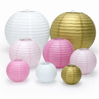 Set of 8 Mixed Blush Gold Hanging Paper Lanterns, Assorted Size Decorative Round Chinese Sky Lanterns - 6",8",10",14"