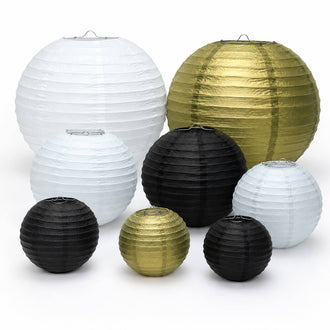 Set of 8 Mixed Black Gold Hanging Paper Lanterns, Assorted Size Decorative Round Chinese Sky Lanterns - 6",8",10",14"
