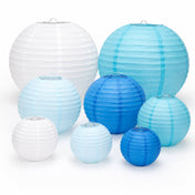 Set of 8 mixed blue and white paper lanterns in assorted sizes on a white background - thumbnail number 1