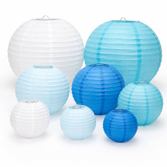 Set of 8 Mixed Blue White Hanging Paper Lanterns, Assorted Size Decorative Round Chinese Sky Lanterns - 6",8",10",14"