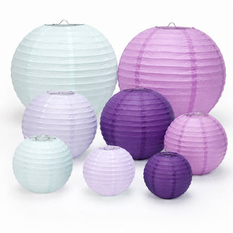 Set of 8 Mixed Purple White Hanging Paper Lanterns, Assorted Size Decorative Round Chinese Sky Lanterns - 6",8",10",14"