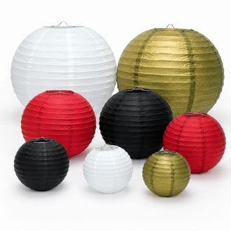 Set of 8 Mixed Red Gold Hanging Paper Lanterns, Assorted Size Decorative Round Chinese Sky Lanterns - 6",8",10",14"