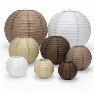 Set of 8 Natural Brown Hanging Paper Lanterns, Decorative Round Chinese Sky Lanterns, Assorted Sizes - 6",8",10",14"