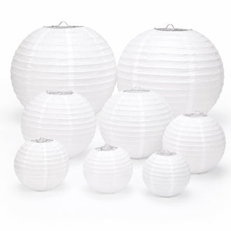 Set of 8 White Hanging Paper Lanterns, Assorted Size Decorative Round Chinese Sky Lanterns - 6",8",10",14"