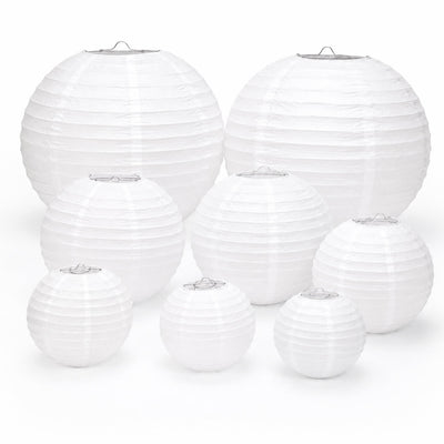 Set of 8 White Hanging Paper Lanterns, Assorted Size Decorative Round Chinese Sky Lanterns - 6",8",10",14"