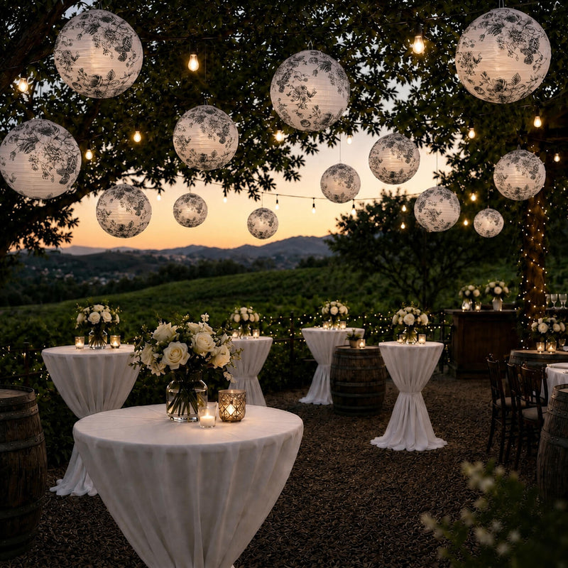 Black and white French toile paper lanterns hanging over an outdoor vineyard reception - thumbnail number 6