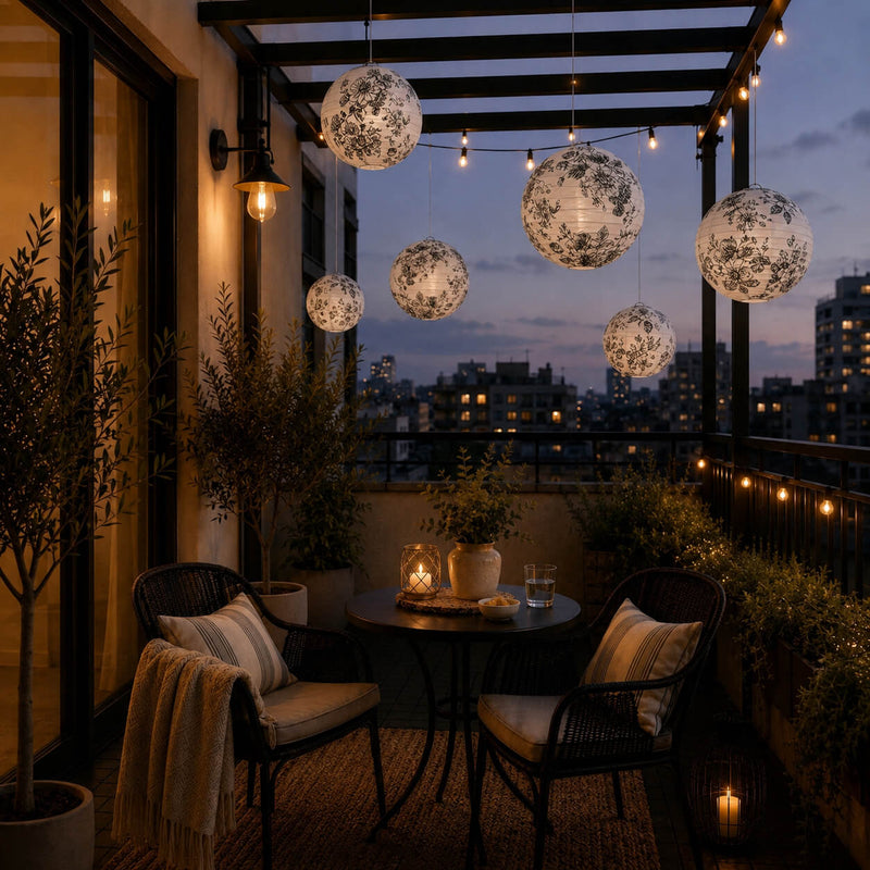 Black and white French toile paper lanterns hanging over a patio balcony - thumbnail number 8