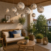 Black and white French toile paper lanterns hanging on a balcony - thumbnail number 11