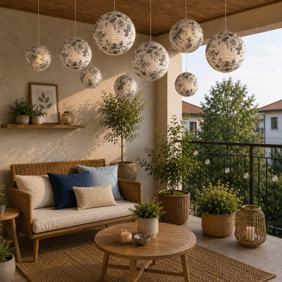 Black and white French toile paper lanterns hanging on a balcony - thumbnail number 11