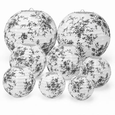 Set of 8 French Toile Hanging Paper Lanterns White with Black Floral Pattern, Decorative Lanterns - 6", 8", 10", 14"