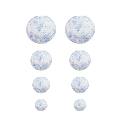 Set of 8 French Toile Hanging Paper Lanterns White with Blue Floral Pattern, Decorative Lanterns - 6", 8", 10", 14"